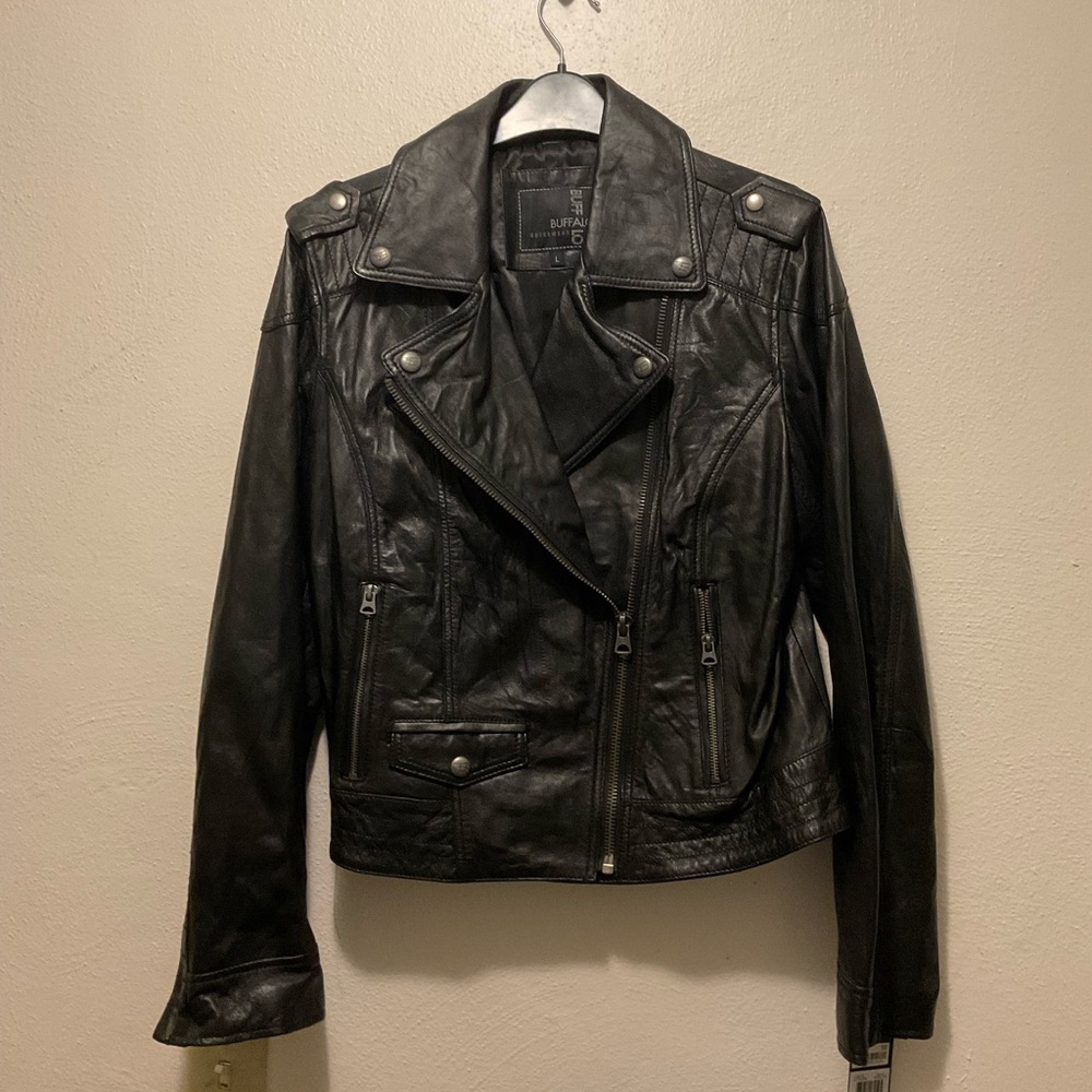 NWT Women’s black leather jacket, contemporary leather jacket, Goth, rocker